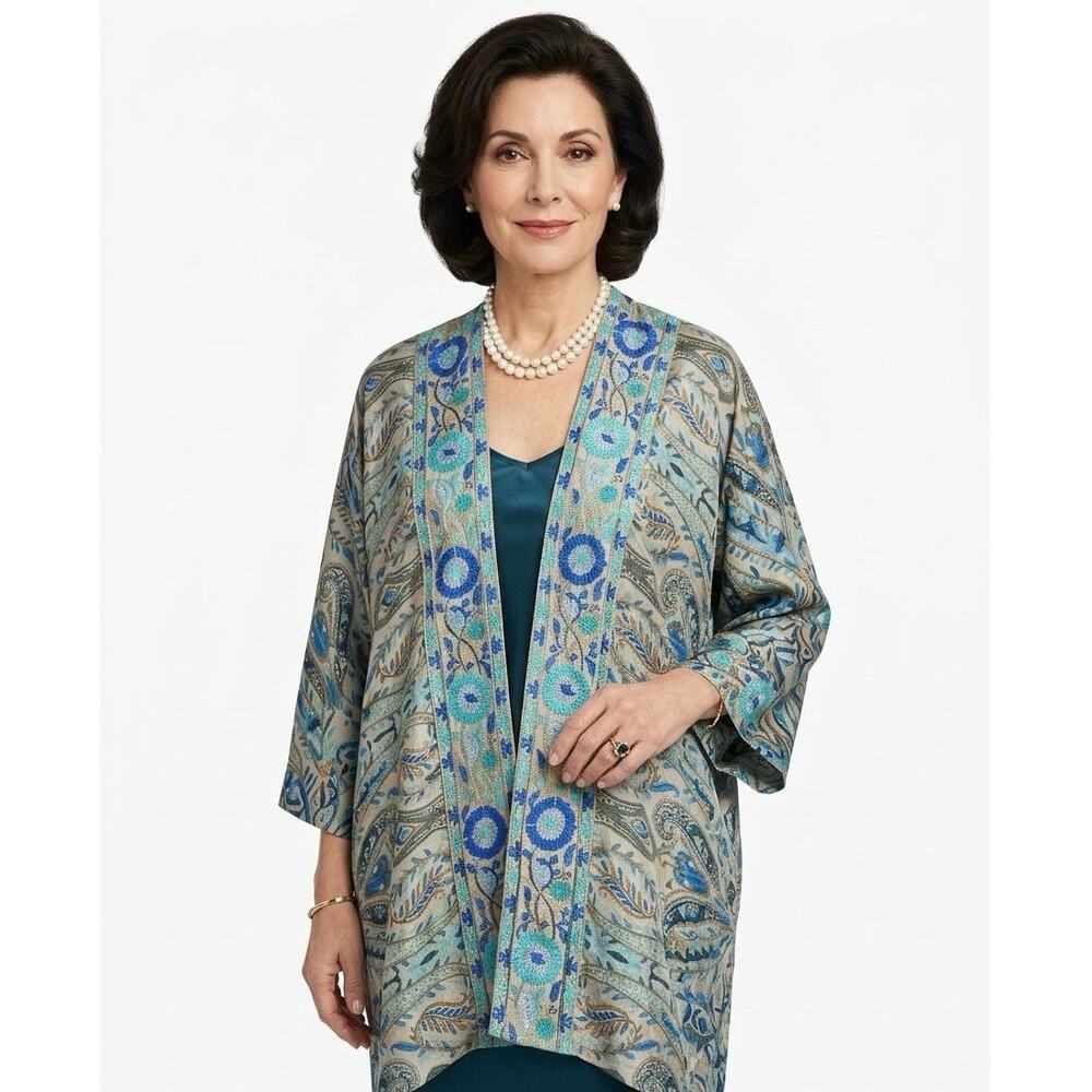 NEW SOFT SURROUNDINGS Womens M Medina Open Kimono Top Embroidered Silver Paisley